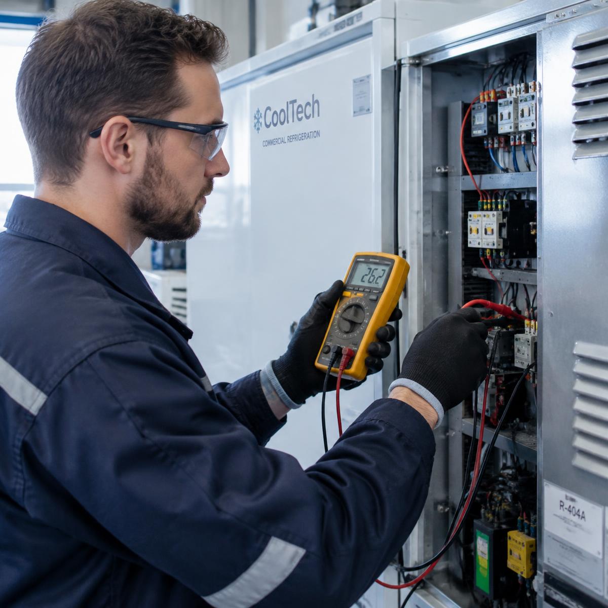 Técnico verificando painel elétrico de equipamento de refrigeração